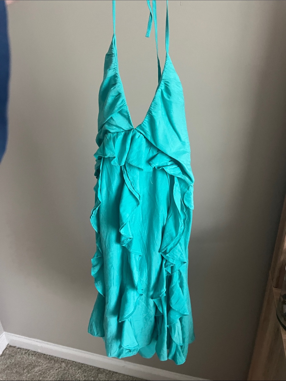 fab'rik Turquoise Ruffle Backless Halter Dress